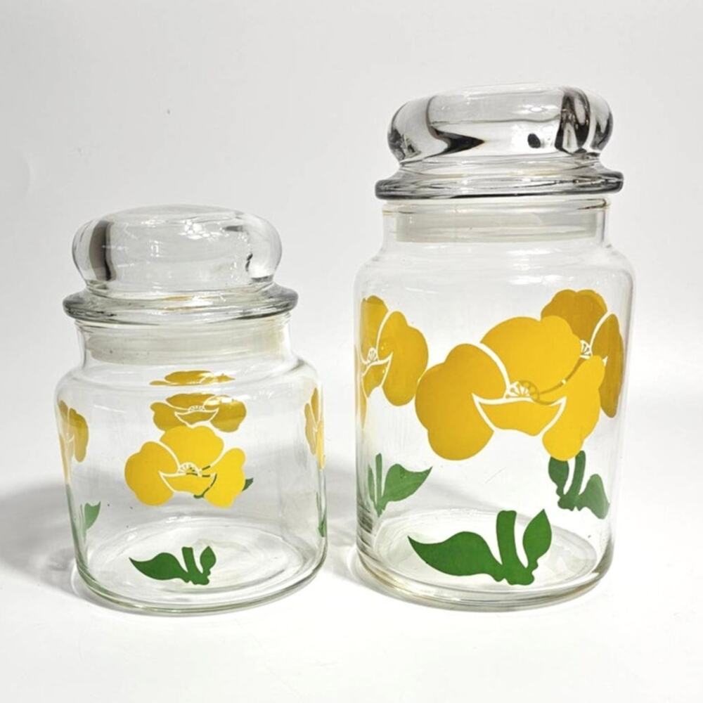 Anchor Hocking "Foxy Flowers" glass canisters 1970s Yellow Poppies